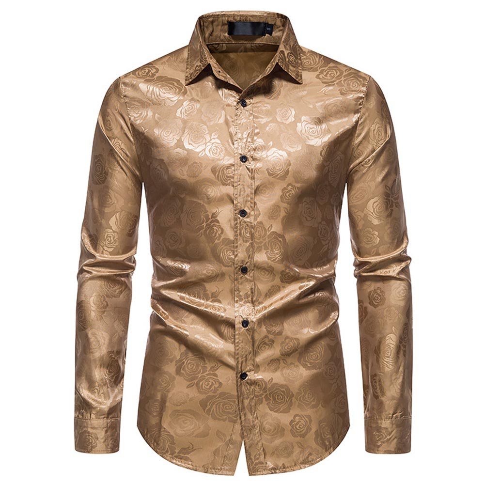 Men's Slim Fit Rose Printed Fashion Casual Shirt Kahki