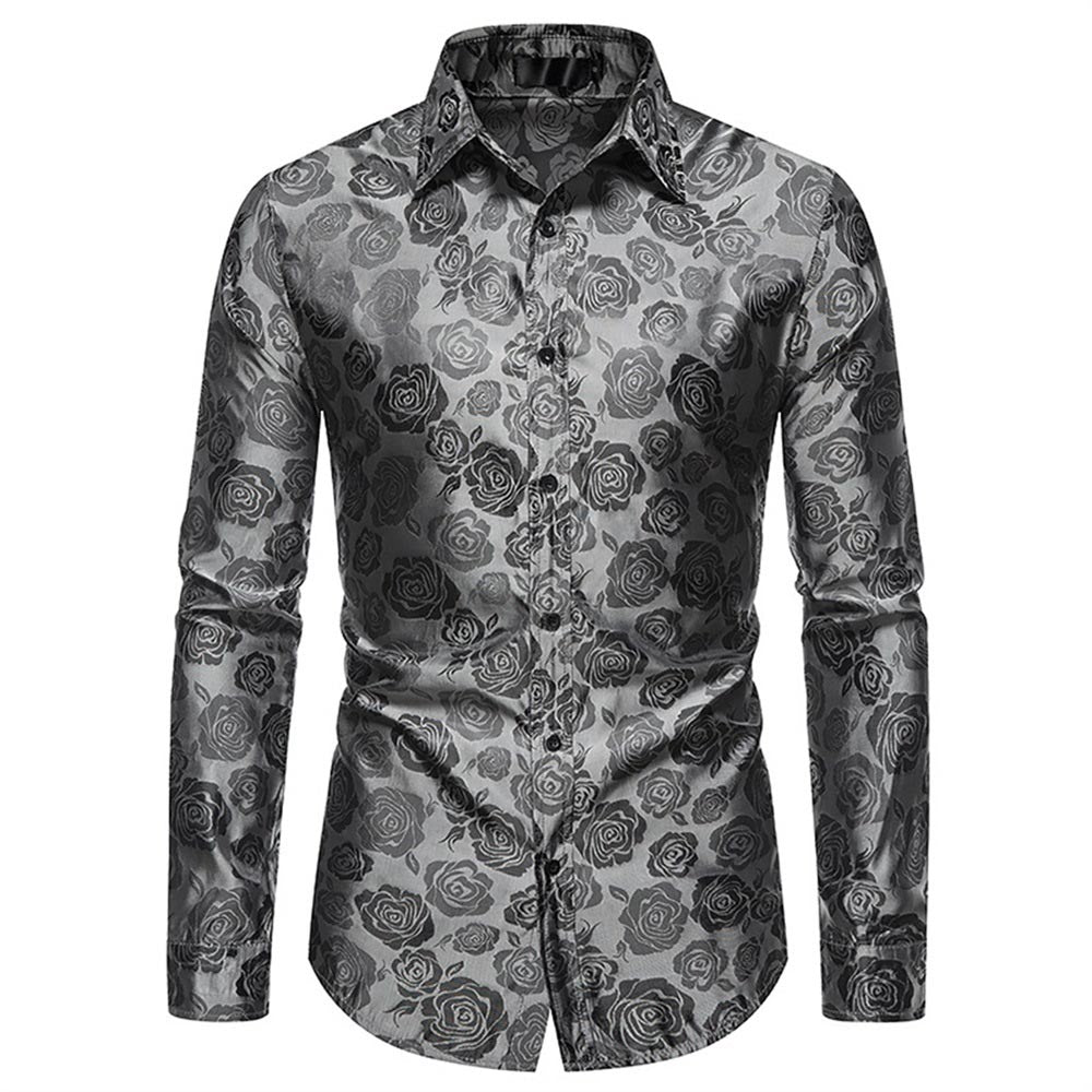 Men's Slim Fit Rose Printed Fashion Casual Shirt Grey