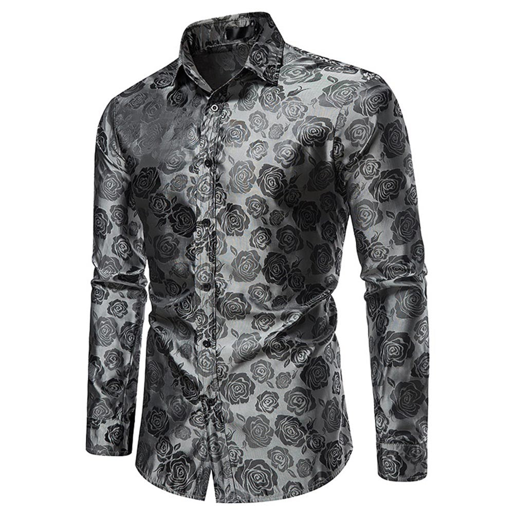 Men's Slim Fit Rose Printed Fashion Casual Shirt Grey