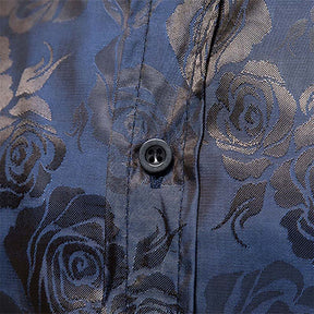 Men's Slim Fit Rose Printed Fashion Casual Shirt Blue