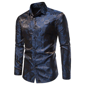 Men's Slim Fit Rose Printed Fashion Casual Shirt Blue