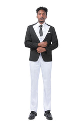 Men's 3-Piece Fashion One Button Color-Blocking Suit White