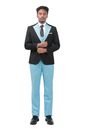 Men's 3-Piece Fashion One Button Color-Blocking Suit Light Blue