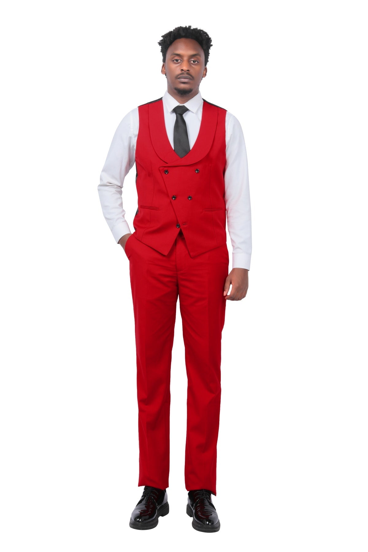 Men's 3-Piece Fashion One Button Color-Blocking Suit Red