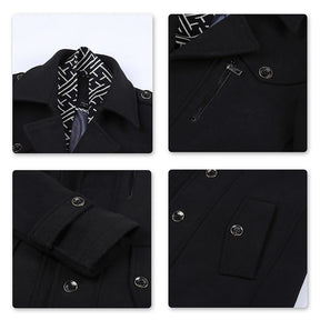 Slim Fit Casual Soild Black Overcoat With Removable Scarf