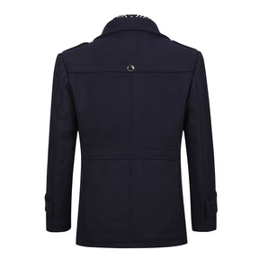 Slim Fit Casual Soild Navy Overcoat With Removable Scarf