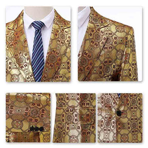 Men's Casual Floral Print Jacket Slim Fit Blazer Gold