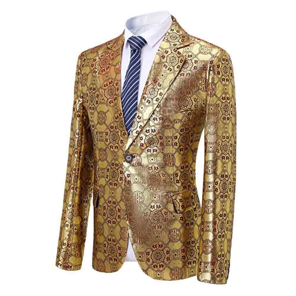 Men's Casual Floral Print Jacket Slim Fit Blazer Gold