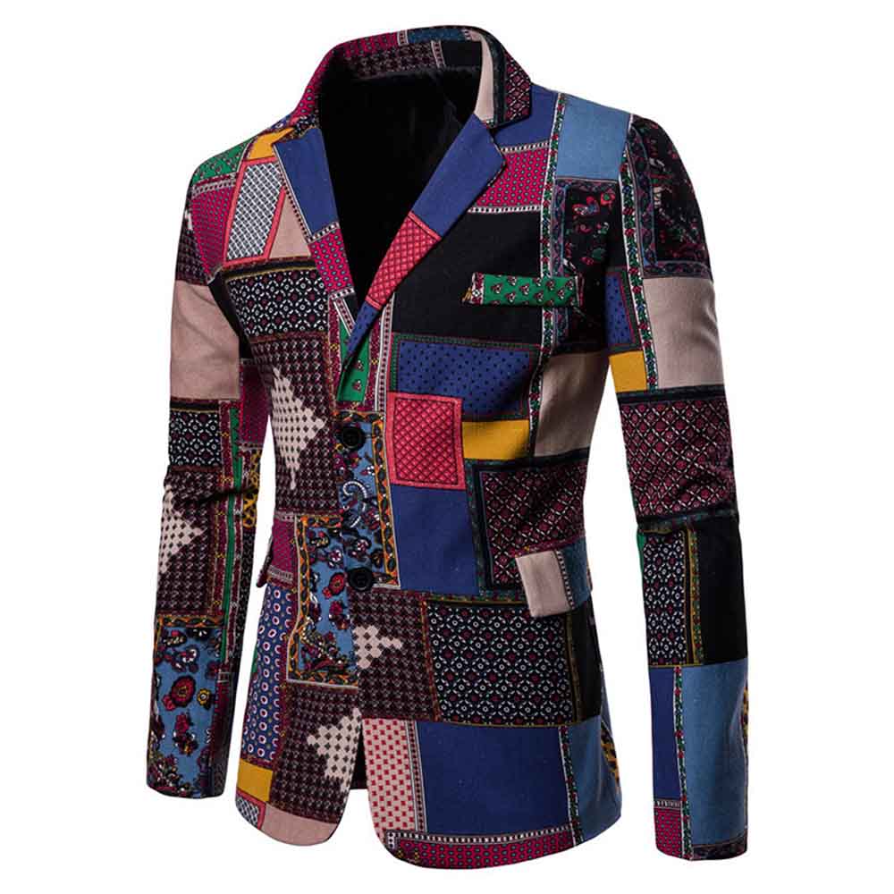 Mens Suit Jacket Floral Printed Casual Blazer Coat Ethnic Embroidery