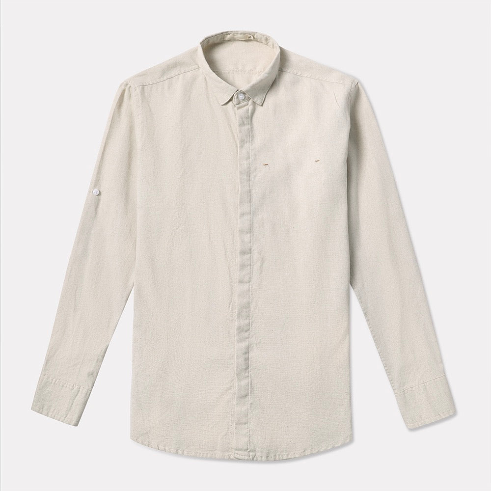 Beige Slim Fit Solid Linen Casual Shirt