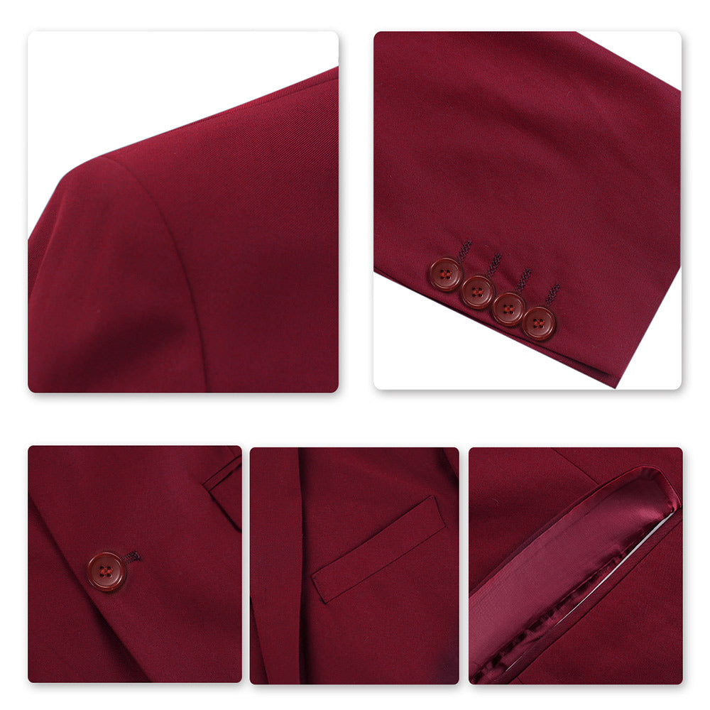 3-Piece Notched Lapel Casual Suit Maroon