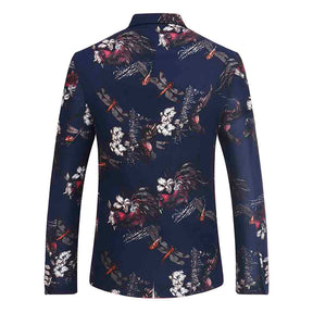 Slim Fit Floral Print Casual Navy Blazer