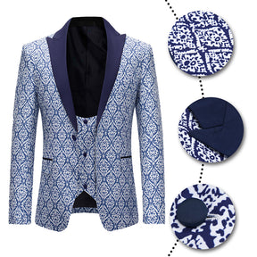 3-Piece Slim Fit Paisley Blue Suit Print Suit