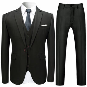 3-Piece Slim Fit Solid Color Jacket Smart Wedding Formal Suit Black