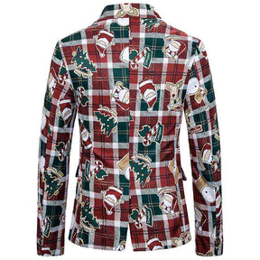 Mens Christmas Jacket Cartoon Plaid Printed Slim Fit Dinner Blazer Red