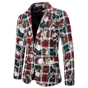 Mens Christmas Jacket Cartoon Plaid Printed Slim Fit Dinner Blazer Red