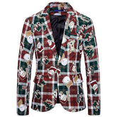 Mens Christmas Jacket Cartoon Plaid Printed Slim Fit Dinner Blazer Red