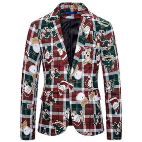 Mens Christmas Jacket Cartoon Plaid Printed Slim Fit Dinner Blazer Red
