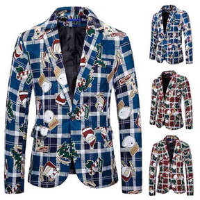 Mens Christmas Jacket Cartoon Plaid Printed Slim Fit Dinner Blazer Blue