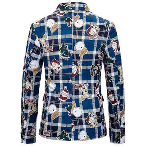 Mens Christmas Jacket Cartoon Plaid Printed Slim Fit Dinner Blazer Blue