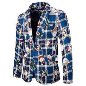 Mens Christmas Jacket Cartoon Plaid Printed Slim Fit Dinner Blazer Blue