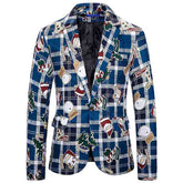 Mens Christmas Jacket Cartoon Plaid Printed Slim Fit Dinner Blazer Blue
