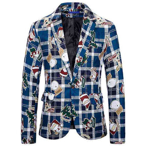 Mens Christmas Jacket Cartoon Plaid Printed Slim Fit Dinner Blazer Blue