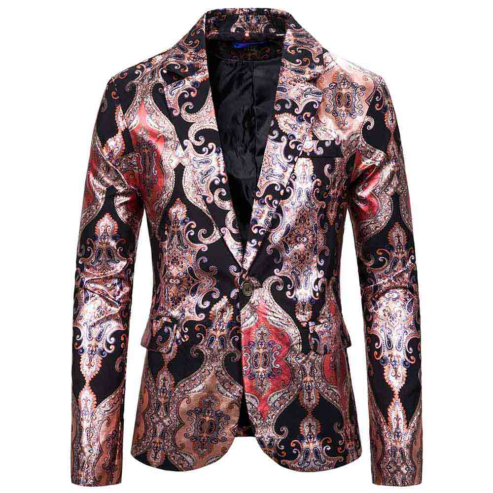 Men's Slim Fit Casual Fancy Printed Chic Blazer Jacket Floral Party Coats Red