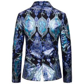 Men's Slim Fit Casual Fancy Printed Chic Blazer Jacket Floral Party Coats Blue