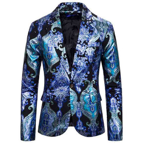 Men's Slim Fit Casual Fancy Printed Chic Blazer Jacket Floral Party Coats Blue