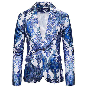 Men's Slim Fit Casual Fancy Printed Chic Blazer Jacket Floral Party Coats Light Blue