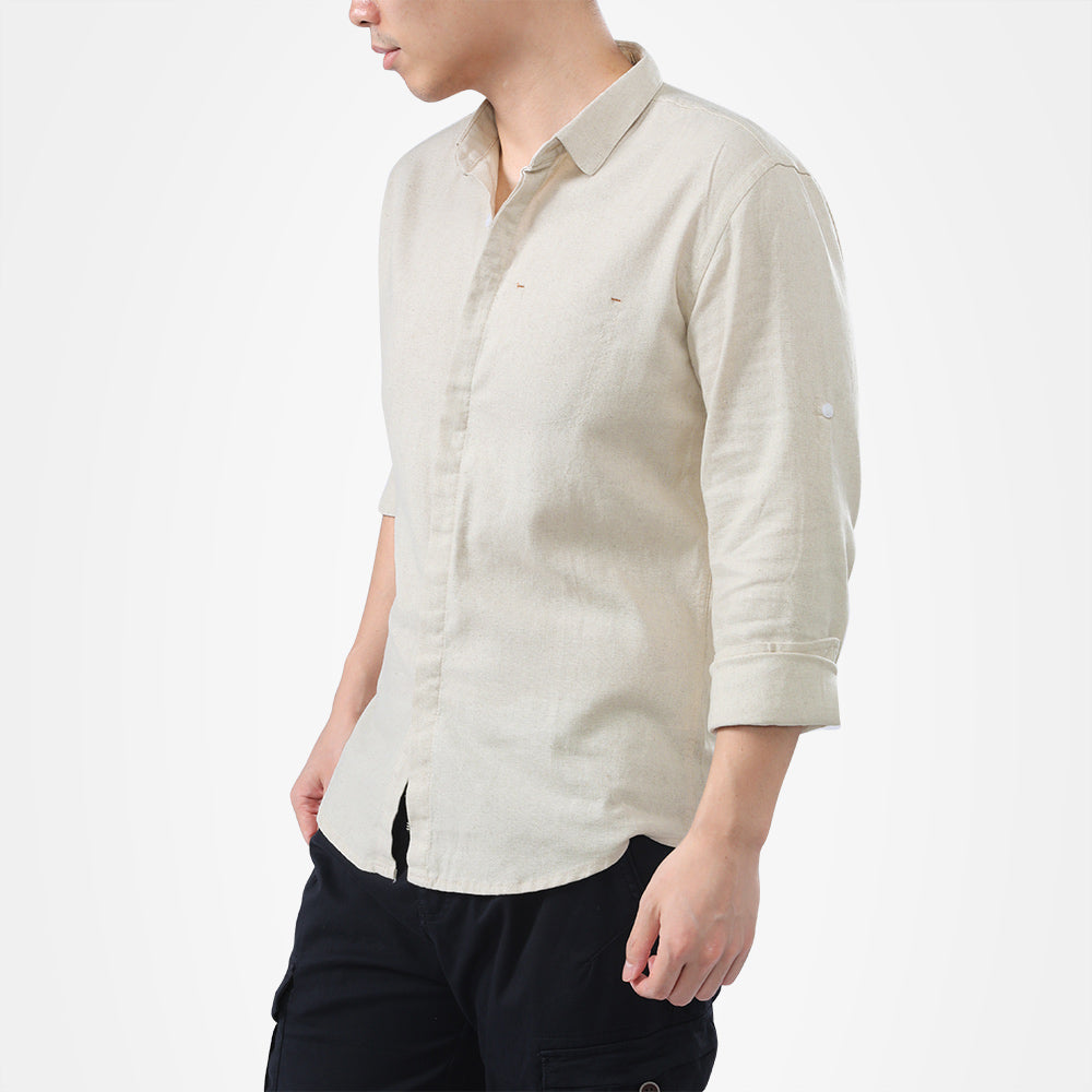 Beige Slim Fit Solid Linen Casual Shirt