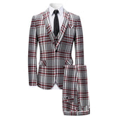Three Piece Slim Fit Casual Red Plaid Grey Suit