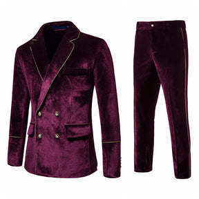 2-Piece Velvet Trimmed Solid Double-Breasted Dress Suit Maroon