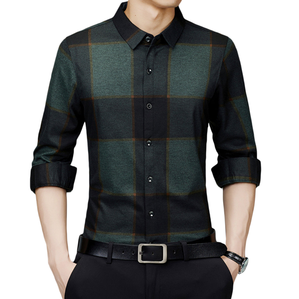 Men's Lapel Long Sleeve Cotton Plaid Shirt Dark Green