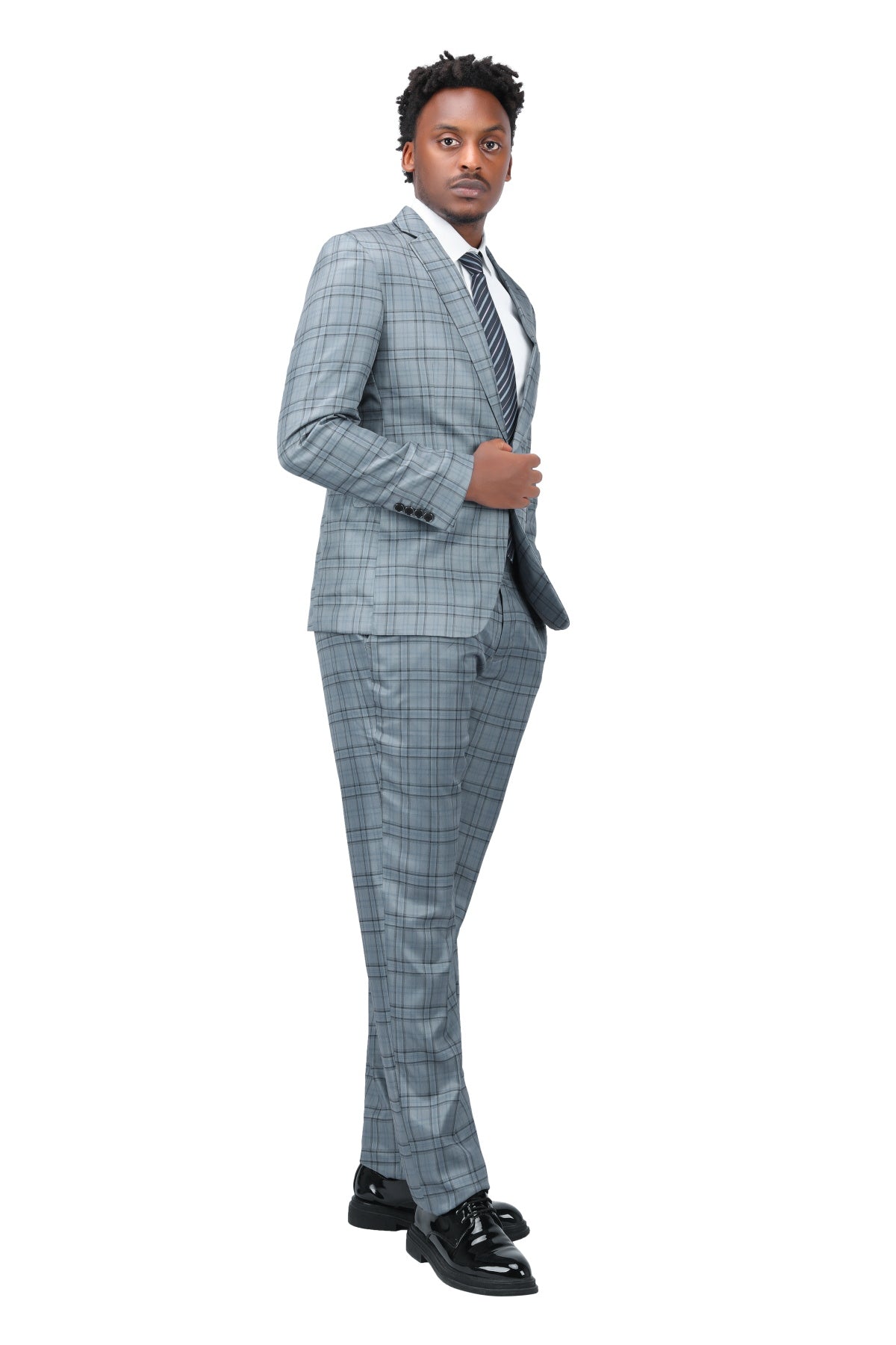 Plaid Stripe Suit Slim Fit 2-Piece Casual Suit Grey