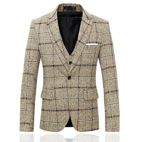 Men's Plaid One Button Wool Suit 3-Piece Suit Beige