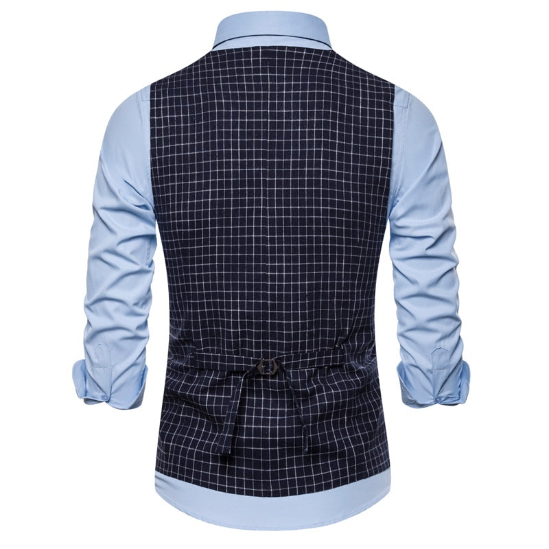 Slim Fit Double Breasted Plaid Navy Vest