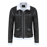 Men's Winter Padded Jacket Stand Collar Leather Coat Black