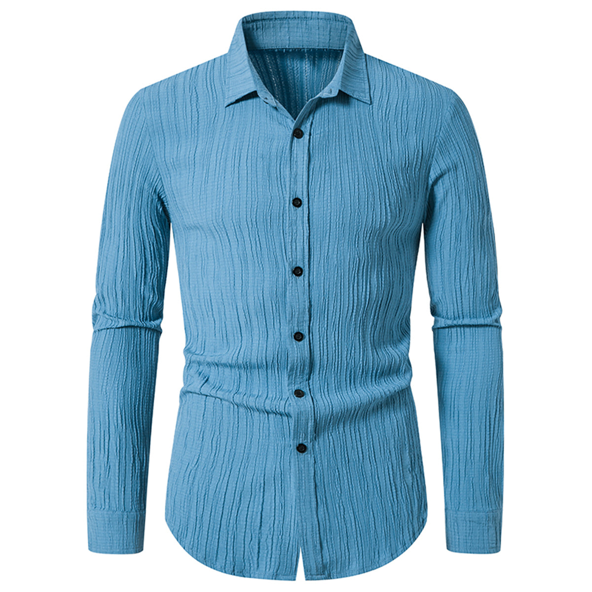 Men's Solid Color Lapel Wavy Long Sleeve Shirt Blue