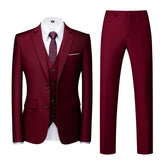 Men's Two-Button Back Slit Lapel Collar 3-Piece Suit Wine Red