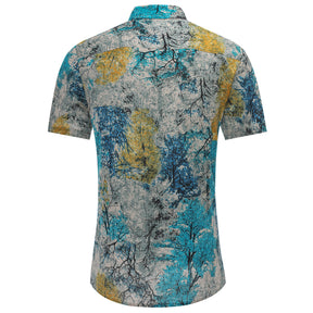 Men's Slim Fit Multicolor Flower Print Short Sleeve Shirt