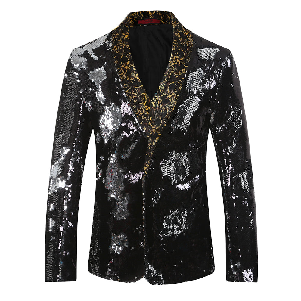 Silver Black Shawl Collar Sequins Dance Party Jacket