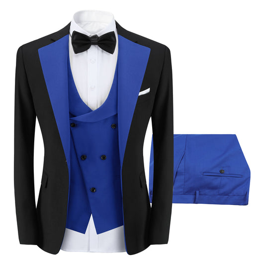Men's 3-Piece Fashion One Button Color-Blocking Suit Blue - Cloudstyle