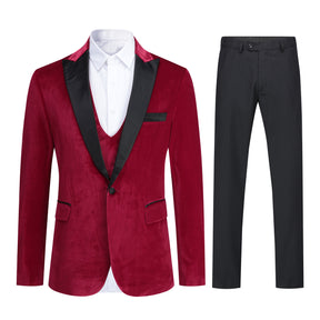 3-Piece Lapel One Button Velvet Tuxedo Suit Red