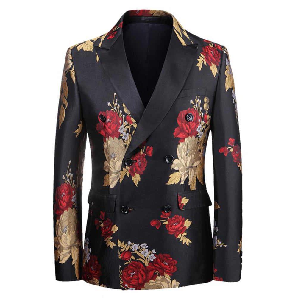 Mens 2-Piece Peony Print Lapel Double Breasted Suit