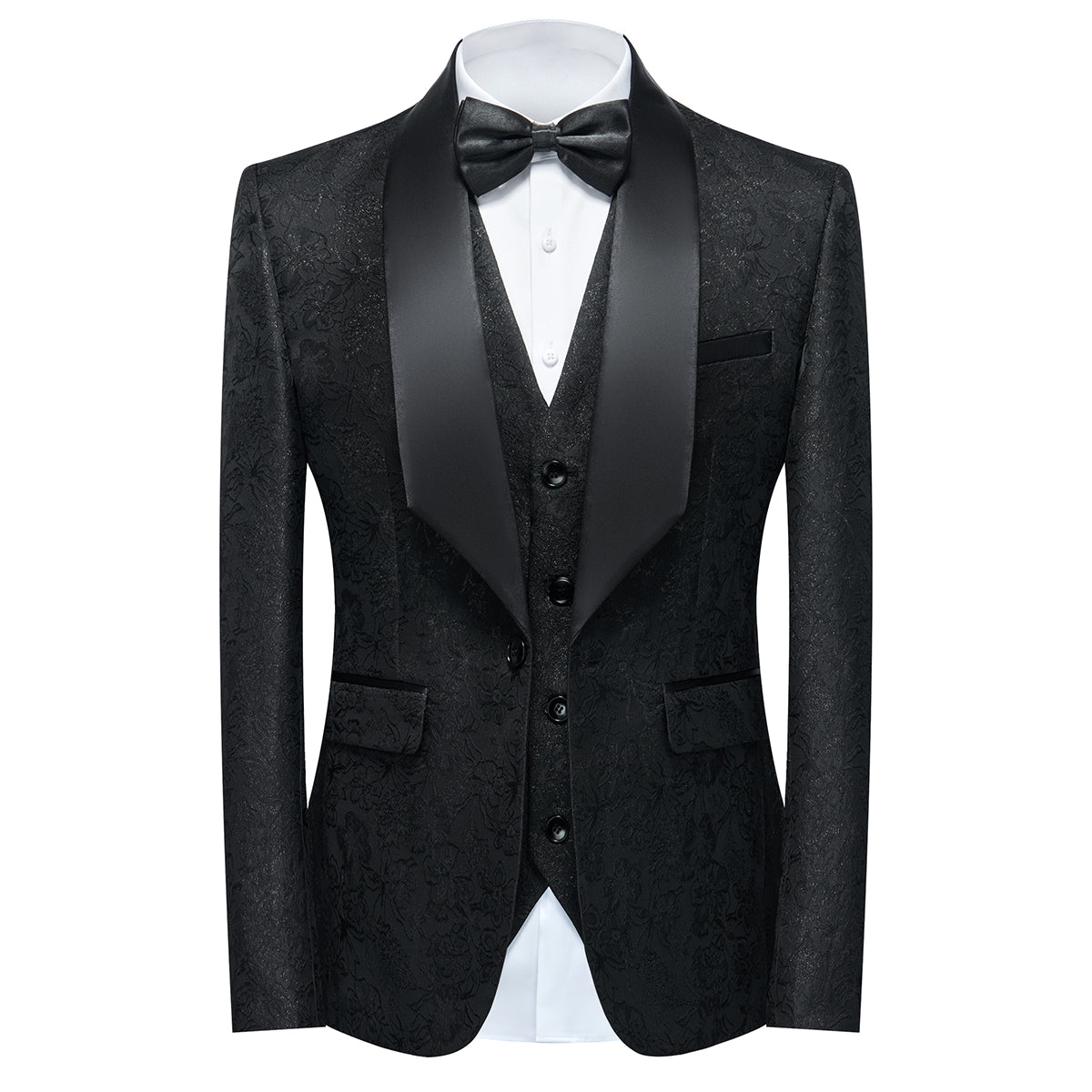 Men's Shawl Collar Print Suit 3-Piece Dress Suit Black