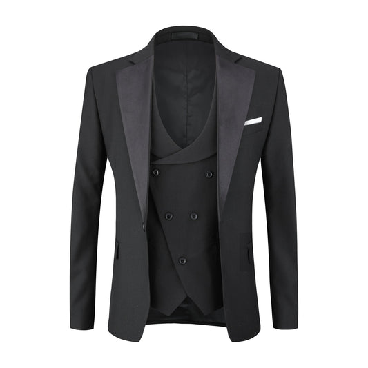 Men's 3-Piece Fashion One Button Color-Blocking Suit Black - Cloudstyle