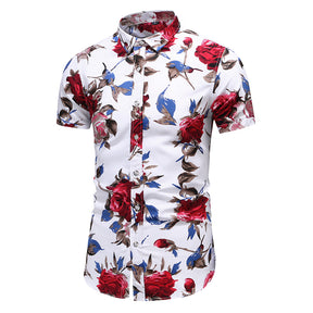 Slim Fit Red Flower Floral Style Shirt White