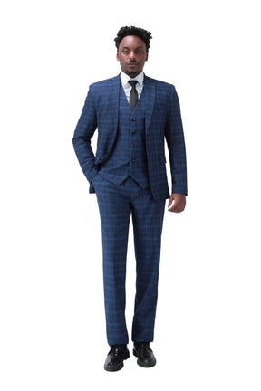 Three Piece Slim Fit Vintage Plaid Navy Suit